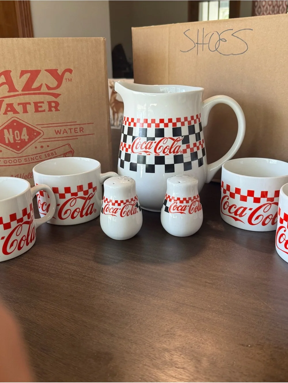 Coca Cola White Ceramic Pitcher and Mug Set with Red Checker Trim